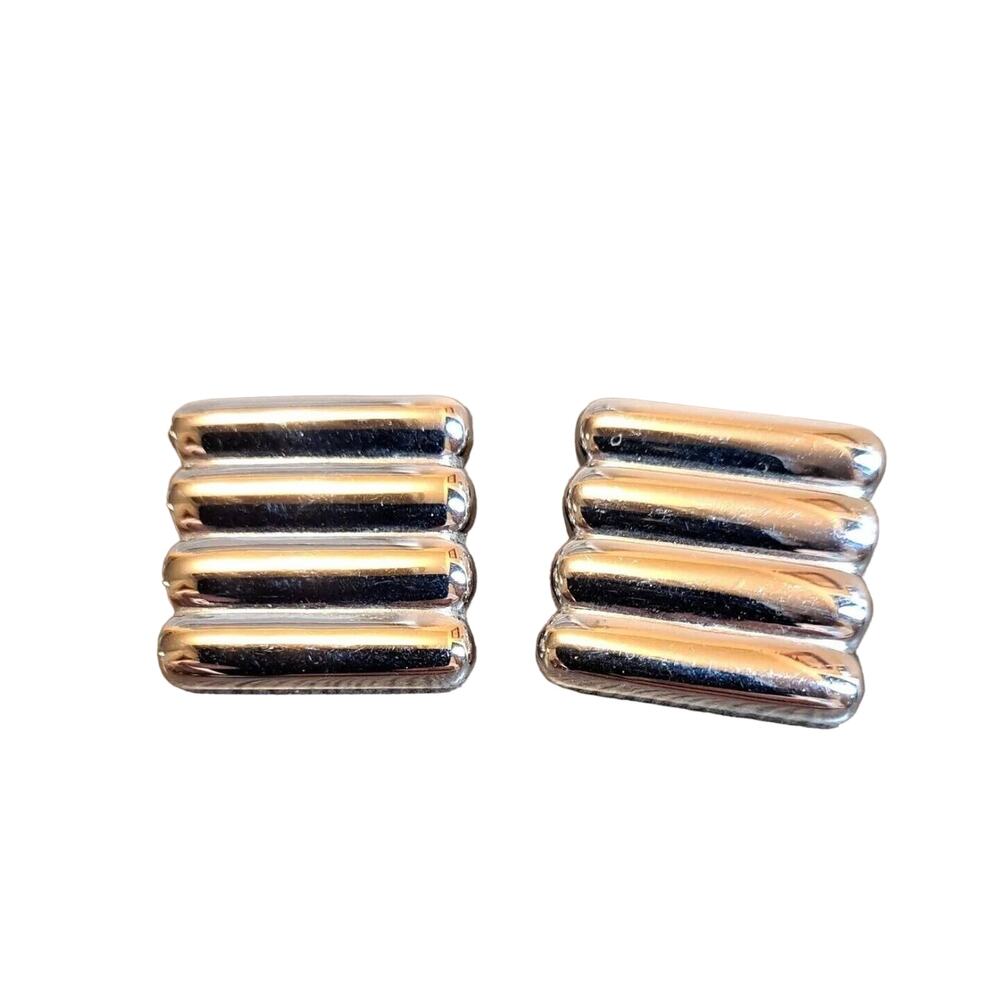 Vintage Monet Earrings Clip On Silver Tone Square Puffy Quilted Shiny 1960s-70s